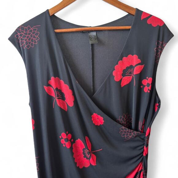 FLP Faith Love & Passion Black Red Floral Ruched Midi Dress L - Picture 6 of 8
